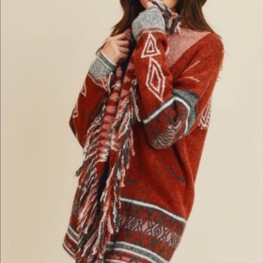 Cozy Cinnamon Red Tribal Print Fringe